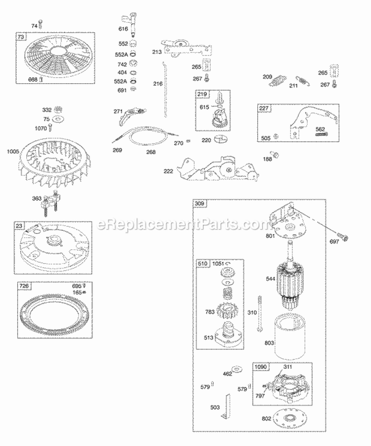 Controls Electric Starter Flywheel Diagram and Parts List for 407677-0101-E1  Briggs and Stratton Engine